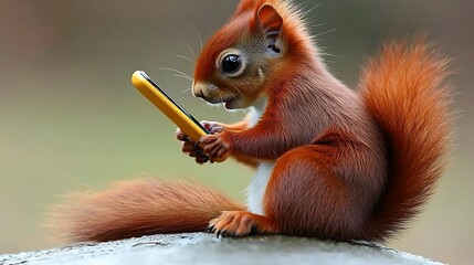 Cute red squirrel using a tiny phone.