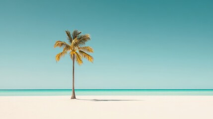 Obraz premium Lone palm tree on tranquil beach, clear sky. Perfect for travel brochures