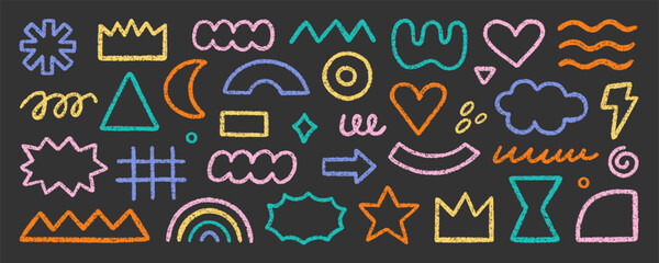 Abstract geometric shapes and forms, chalk pencil doodle set. Crayon modern figures, brush crown, stars, arrow in sketch style. Hand drawn vector illustration isolated on black background