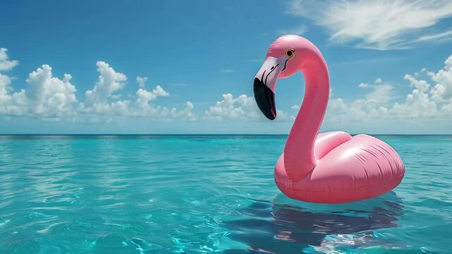 inflatable swimming toy flamingo sea beach, summer day tropic

