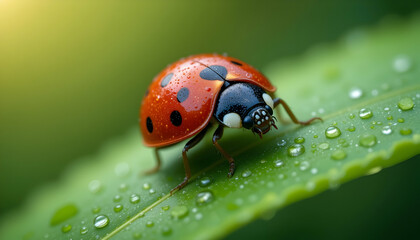 Vibrant Ladybug on Dewy Leaf Nature Photography Macro Insect Wildlife Garden Spring Summer Red Black Spots