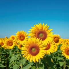Fototapeta premium Vibrant yellow sunflowers in a vast field under a clear blue sky, sun, sky, blue