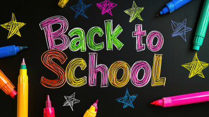 Creative chalk drawing of back to school message on black background