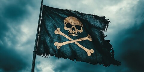 Pirate flag with skull and crossbones flying against a dramatic sky background