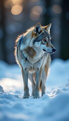 Obraz premium Wolf in deep snow, winter landscape, hunting posture, predator, wildlife