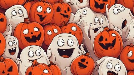 Obraz premium Whimsical Halloween Pattern of Playful Ghosts with Jack-o'-lantern Pumpkins