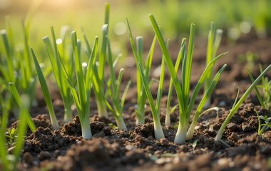 Young green onions growing in soil under sunlight, fresh organic vegetable garden, close-up of spring onion plants in natural environment