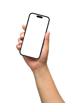 Mockup of female hand holding a black smartphone with blank screen isolated on a transparent background, PNG. High resolution.
