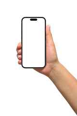 Mockup of female hand holding a black smartphone with blank screen isolated on a transparent background, PNG. High resolution.