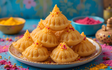 Golden Crispy Gujiya with Khoya Filling on Festive Holi Setup with Colors and Thandai