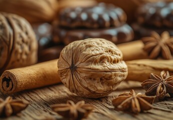 Close-Up of a Walnut Surrounded by Cinnamon, Star Anise, and Chocolate Treats on a Rustic Wooden Surface for Culinary or Food-Themed Projects