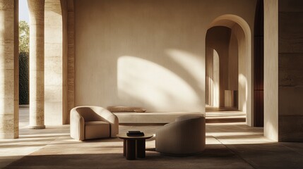 Modern beige interior, sunlight streams through arches.  Potential use for furniture catalog, architecture magazine, interior design