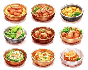 Nine watercolor illustrations of various prepared food dishes in bowls