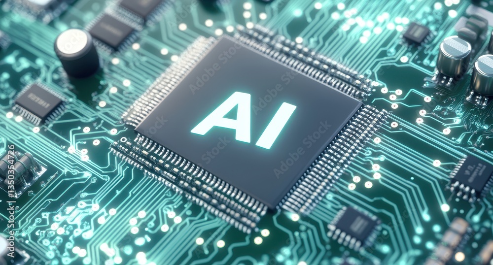 Poster close-up of computer circuit board with ai chip highlighting artificial intelligence technology in m