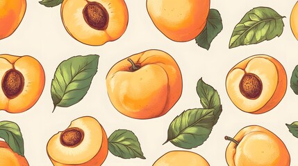 Hand Drawn Seamless Pattern with Apricots for Summer Fruit Designs