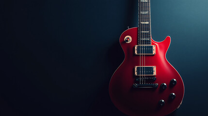 Red electric guitar against dark background.