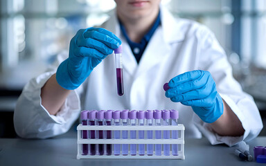 A lab technician wearing blue gloves holds a blood sample tube, while a rack of other tubes filled with various liquids sits on the table.