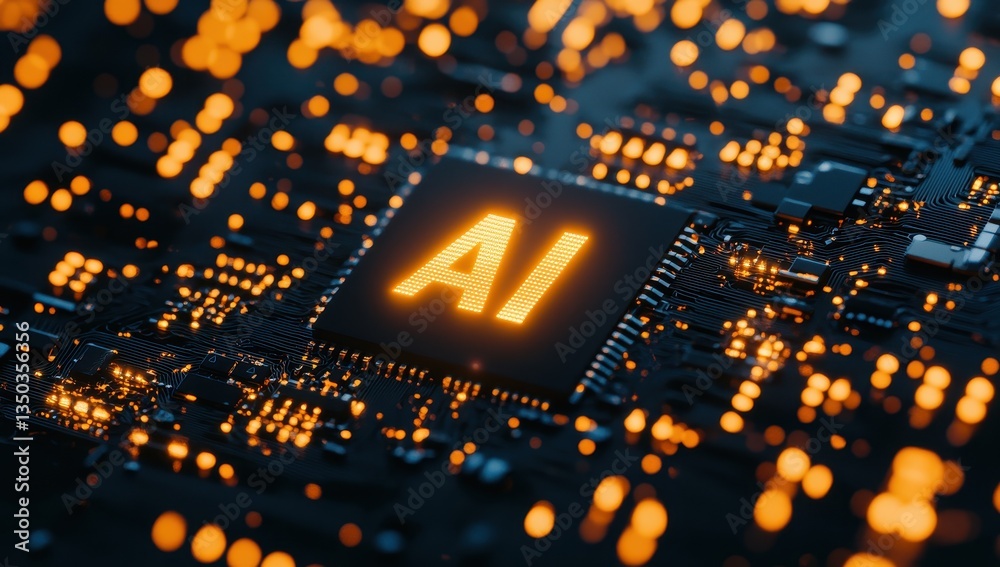 Poster close-up view of ai technology concept with bright circuits and illuminated microchip on dark backgr