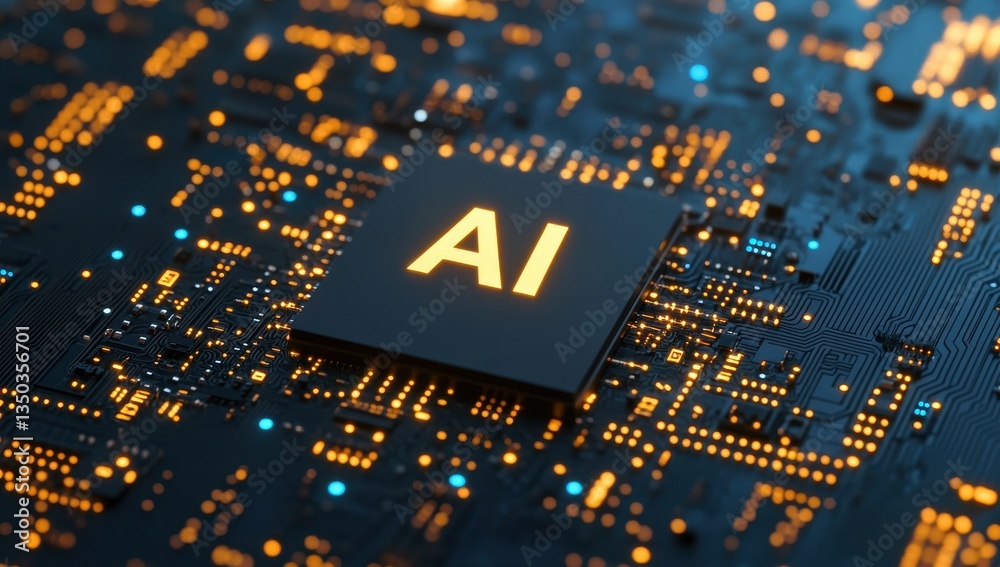 Poster close-up view of circuit board with ai processor highlighted in bright yellow light, showcasing mode