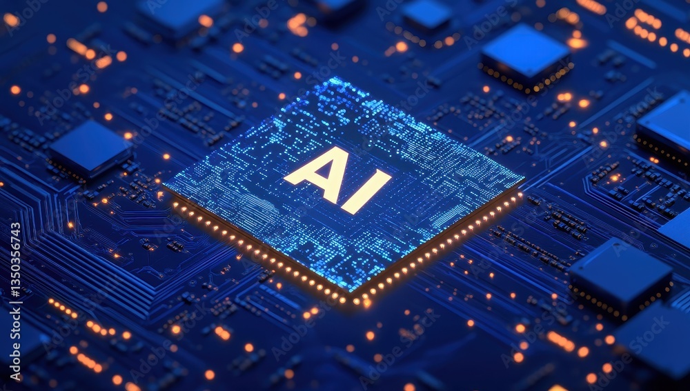 Poster close-up view of circuit board with ai text illuminated in bright colors representing technological 