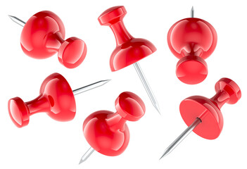 Red Push Pins, 3D rendering isolated on transparent background