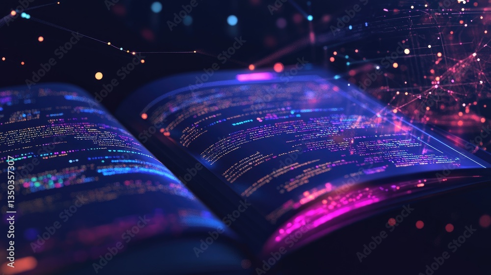 Poster a stylized digital book with ai-driven text processing lines and futuristic ui elements.