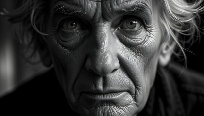 Fototapeta premium The Strength of Character Wrinkled Face Black and White Portrait Reflecting Life Wisdom and Experience Elderly Man Facing Challenges