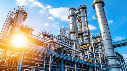 A towering mineral refinery with steel silos and industrial processing equipment.