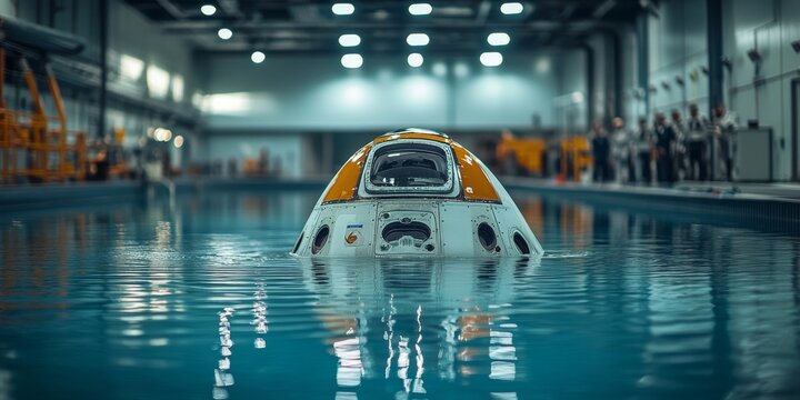 Spacecraft floating in water during training exercise at baikonur cosmodrome
