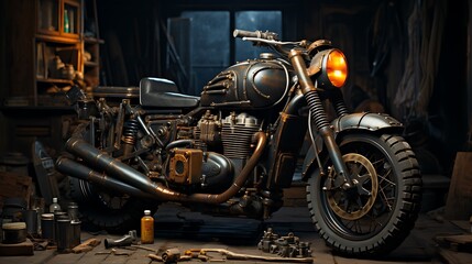 Fototapeta premium Vintage Motorcycle in a Rustic Workshop