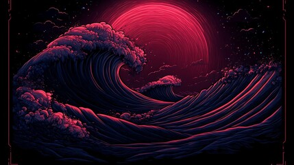 Crimson moon over dark ocean waves.