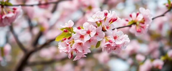 Obraz premium Soft pink cherry blossoms in full bloom against a blurred spring background, pretty, blossom, desktop