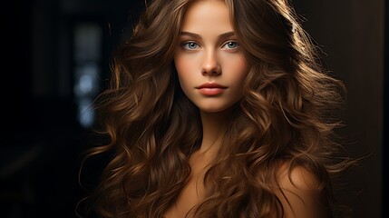 Fototapeta premium Stunning Portrait of a Young Woman with Long, Wavy Brown Hair