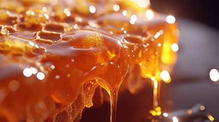 A close up image of honey dripping from a comb
