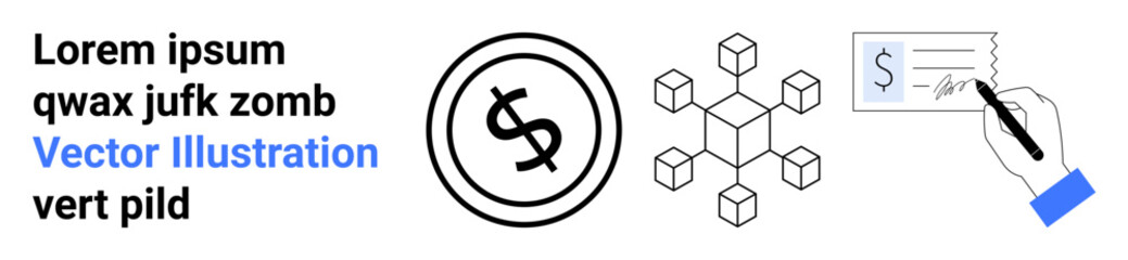 Dollar symbol, blockchain cubes, and hand signing document representing decentralized finance, cryptocurrency, secure transactions. Ideal for fintech, blockchain, business, contracts finance apps