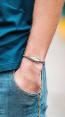 Close up of gen z male model wearing fish bracelet for modern fashion inspiration