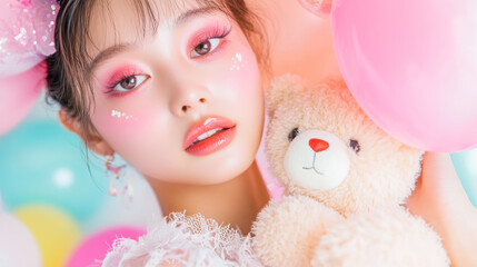 Fototapeta premium Dollhouse aesthetic with asian female and teddy bear in pastel balloon setting