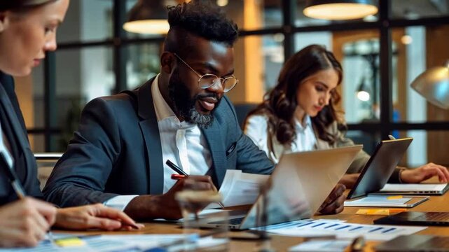 In a dynamic and collaborative team environment, professionals engage in discussions about tablets and key documents, emphasizing the essential blend of cuttingedge technology and effective teamwork