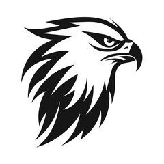 A bold and detailed silhouette of a hawk's head, showcasing its sharp beak, fierce gaze, and streamlined shape. Ideal for wildlife illustrations, sports logos, military insignias