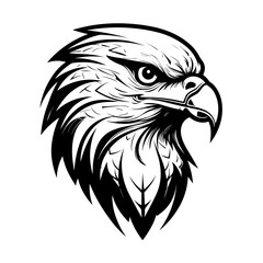 A bold and detailed silhouette of a hawk's head, showcasing its sharp beak, fierce gaze, and streamlined shape. Ideal for wildlife illustrations, sports logos, military insignias