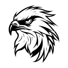 A bold and detailed silhouette of a hawk's head, showcasing its sharp beak, fierce gaze, and streamlined shape. Ideal for wildlife illustrations, sports logos, military insignias