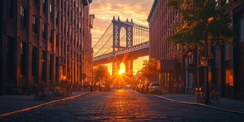 Sun shining through manhattan bridge at sunset in dumbo, brooklyn, new york city
