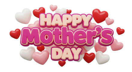 Happy Mothers Day text surrounded by several colorful heart shapes, isolated on transparent background
