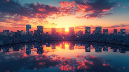 Fototapeta premium Cityscape Reflection at Sunset: A Stunning Panorama of Urban Skyline Mirrored in Calm Waters