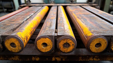 Industrial rollers pressing raw rubber into thin sheets under intense pressure and heat.