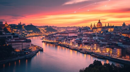Naklejka premium Prague Skyline Sunrise River Cityscape