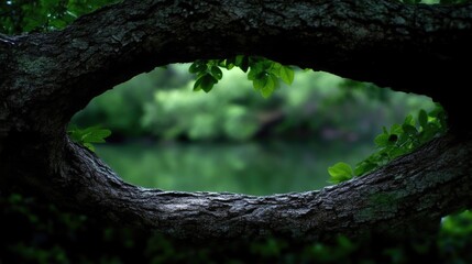Fototapeta premium Old tree branch naturally frames a blurry green lake and forest during daytime.