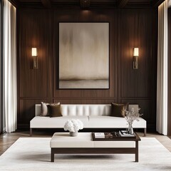 Modern, elegant living room with dark wood paneling, white sofa, and art