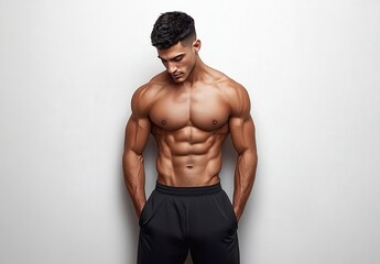 Muscular man with tattoos posing confidently against a plain background.