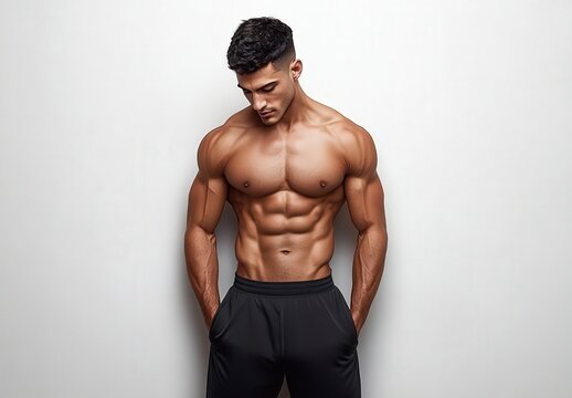 Muscular man with tattoos posing confidently against a plain background.